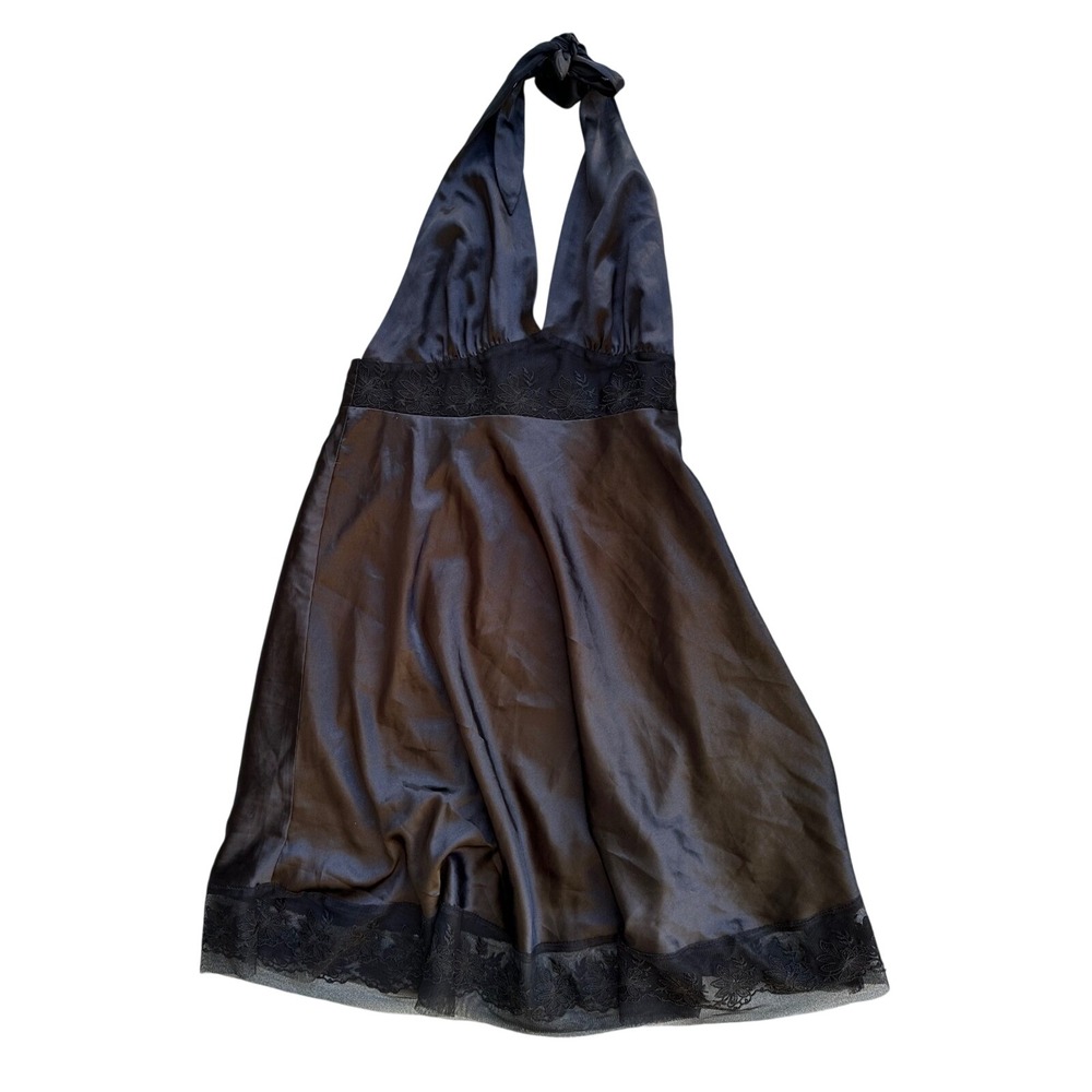 XXI Forever 21 black goth prom Satin Halter Lace Trim Empire‎ Waist Dress Medium